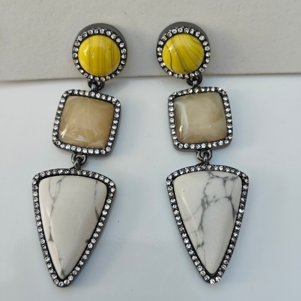 BaubleBar Geometric Drop Earrings Yellow White Marble Crystal Gunmetal Statement